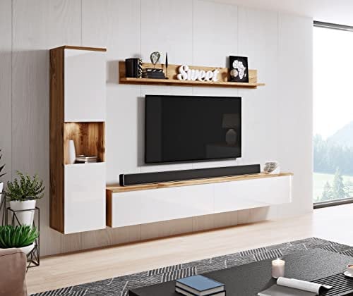 Ensemble de meubles de salon Paris avec éclairage LED en option (Wotan/blanc brillant)