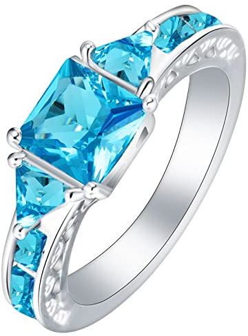 Whoiy Ring Blauer Stein Silber, Ringe Frauen Cute Eheringe Eleganter Dreieckiger Quadratischer Zirkonia Hellblau 52 (16.6) Verlobungsring für Frauen