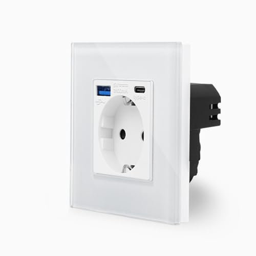 Luxus-Time Schuko Einbau Steckdose + USB 2-fach Typ A/C Netzteil Ladegerät 20W Mehrfachstecker UP Ladestecker Weiß mit Glasrahmen MP010U-BG1-11