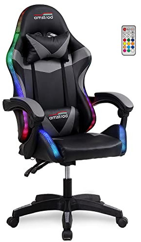 AMSTRAD AMS-800-LED-BK Sillón/Silla de oficina Gamer Negro Gris - Iluminación LED 358 Efectos - Mando a distancia