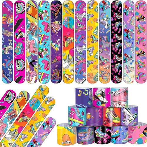 48 Stück Rollschuhe Party Gastgeschenke Slap Armbänder, Rollschuh-Armbänder, Armbänder, Goodie Bag Fillers Throwback 90er Jahre Rollschuhlaufen Hip Hop Geburtstag Dekorationen Zubehör