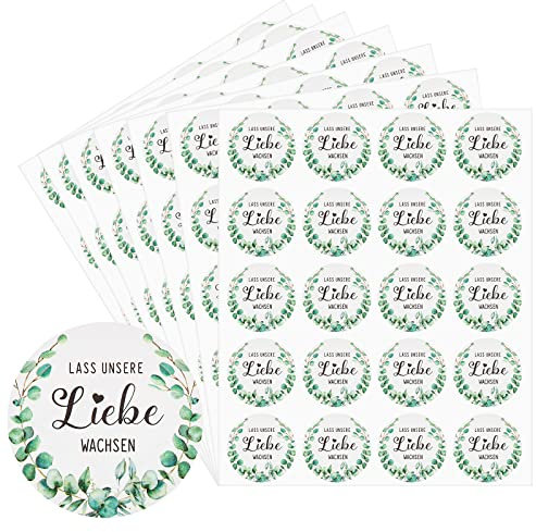 100 Stück 4 cm Lass Unsere Liebe Wachsen Aufkleber Hochzeit Eukalyptus Aufkleber Aquarell Grüne Blätter Runde Eukalyptus Sticker für Gastgeschenk Wedding Taufe Kommunion Geburtstag