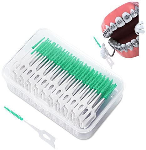 TSHAOUN 200pcs Silicona Cepillo Interdental para la Limpieza Dental,Hilos Dentales,Palillos Interdentales,Palo de Hilo Dental de Silicona de Doble Cara Cuidado de Los Dientes(Verde)