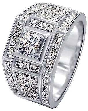 AMDXD Weiß Gold Au585 14K Ring für Herren, Breit Hochzeitsring mit 0.3ct Labor Erstellt Diamant Rund, Gold 585 Bandringe Hochzeitsband Echtgold Schmuck, Silber, Gr.67