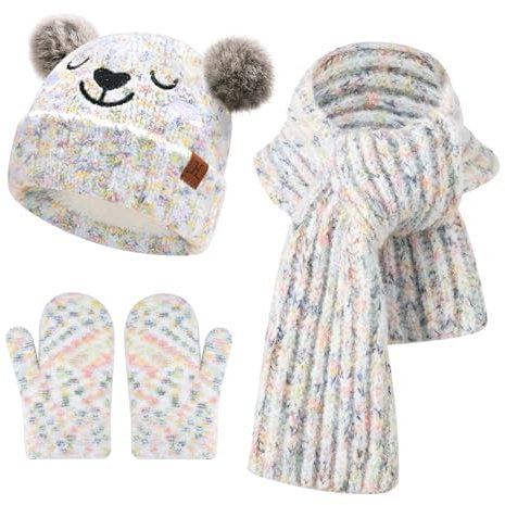 Kinder Winter Mütze Lang Schal Handschuhe Set Pompom Wintermütze Strickmütze Beanie Schals Fäustlinge für 0 6 12 18 Monate Baby Kleinkinder 1 2 3 4 Jahre Mädchen Jungen, Gebatikt Weiß