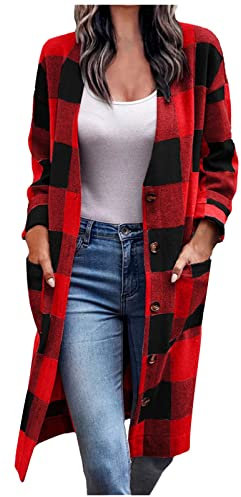 Damen Mantel Winter Warm Button Down Revers Wollmantel mit Taschen Langarm Wolljacke mit Gürtel Elegant Winterjacke Lang Wintermantel Klassische Trenchcoat Einfarbig/Kariertes Blitzangebote