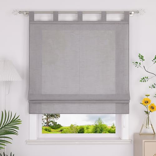 Heichkell Raffrollo mit Schlaufen Halbtransparent Raffgardine Küche Rollo Einfarbige Gardine Grau BreitexHöhe 140x140 cm