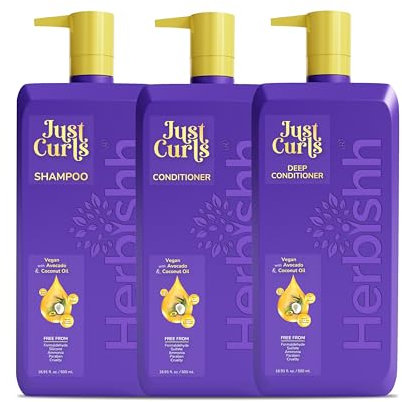 Herbishh Just Curls Vegan Shampoo and Conditioner + Leave in Deep Conditioner for Curly Hair Products Kit Enriched with Avocado & Coconut Oil for Dry Damaged, Wavy, Curly Hair Gift set for Women & Men