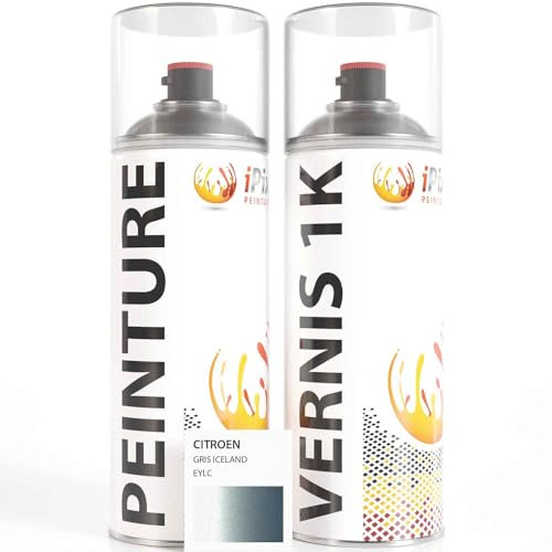 ipixline Kit Retouche Peinture Carrosserie Voiture - Bombe Aérosol Peinture Auto 400 ml, Vernis Brillant 1k 400 ml - Compatible avec Citroen - Gris Iceland EYLC