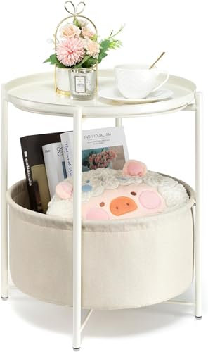 danpinera Runder Beistelltisch mit Stoff-Aufbewahrungskorb, Metall, Kleiner Nachttisch, abnehmbares Tablett für Wohnzimmer, Schlafzimmer, Kinderzimmer, Wäsche, Weiß