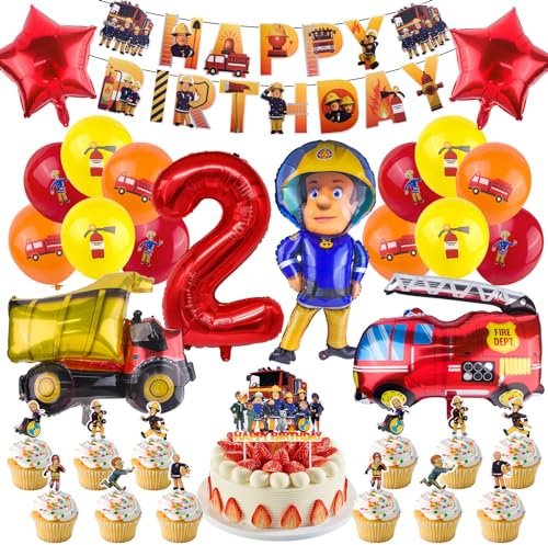 Jinhuaxin Feuerwehr 32 Stück Deko Geburtstag 2 Jahre, Feuerwehrmann Deko Kindergeburtstag 2, Luftballon Tortendeko Banner Jungen 2 Jahre, Kindergeburtstag Deko Set