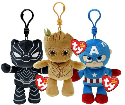 TY Clip Multipack - Blank Panther, Captain America, Groot | Soft Plush Toys for Kids | Teddy & Baby Collectible Stuffed Plushies | Bag Clips