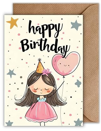 WBdesignz Mädchen Geburtstag Karte mit Umschlag - Süße Geburtstagskarte für Kinder Happy Birthday Prinzessin mit Herzluftballon Glückwunschkarte zum Geburtstag (DIN A6)