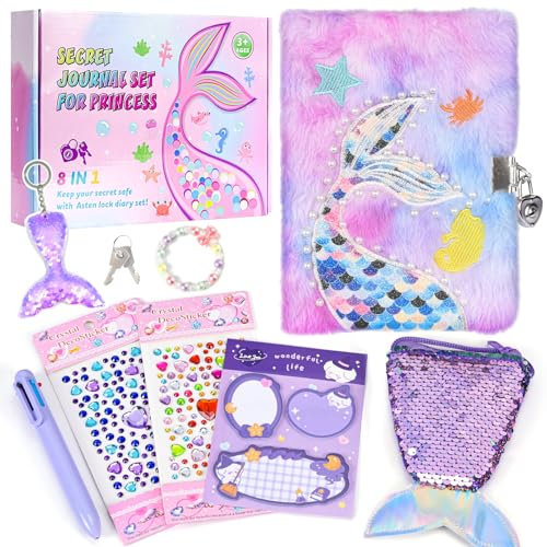 Diary with Lock, 6 7 8 Year Old Girl Birthday Gift, Journal for Girls Ages 8-12, Kids Journal for Little Gilr, Cute Notebook with Multicolor Pen and Purse, Secret Diary Fuzzy Mermaid Notebook (Purple)