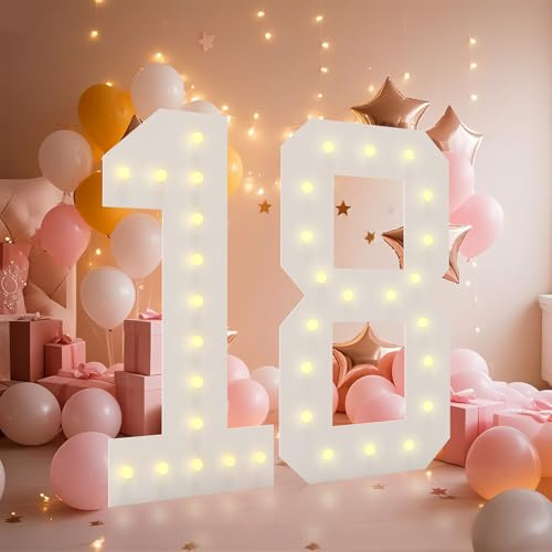 LOBOOM 4FT Light Up Numbers, Marquee Numbers 4 Feet Tall Giant Number 18 Mosaic Big Number Sign for 18th Birthday Party Backdrop Anniversary Decorations, Pre-Cut Large Frame