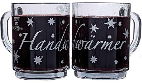 Glasveredlung Schmitz Glühweinbecher Glühweintasse 27 cl, schwere Ausführung 320 g, stapelbar, gehärtet, Füllstrich 0,2 l, Dekor Handwärmer, 6 Stück