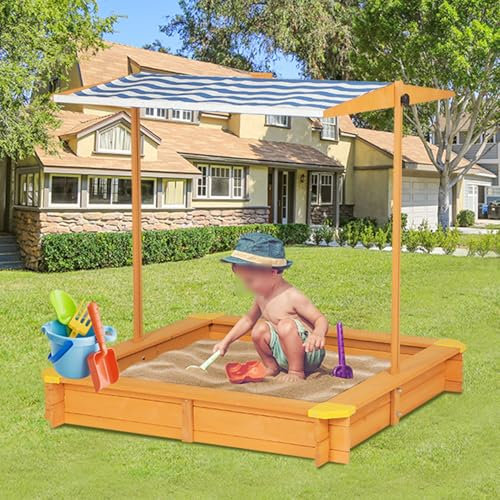 Holzsandkasten für Draußen mit Abdeckung, Sandkästen mit Vordach und Klappbaren Sitzbänken für Die Aufbewahrung, Sandtisch mit Schützendem Bodenbelag, Sandkasten für Kinder Im Alter Von 2-8 Jahren