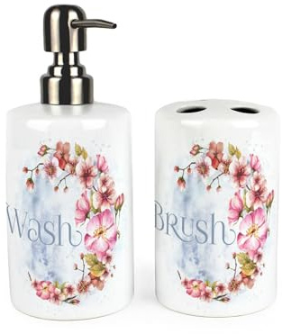 Peach Blossom Bathroom Accessories Set - Pretty Pink Floral Wreath Refillable Ceramic Soap Pump Bottle Dispenser & Toothbrush Holder - Washrooom Home Gift Set of 2
