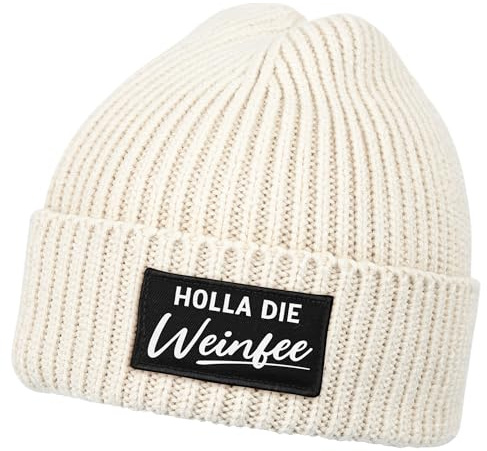 MoonWorks® Herren Beanie mit Patch Strickmütze mit Spruch Holla die Weinfee Aufdruck Lustig Mütze Männer