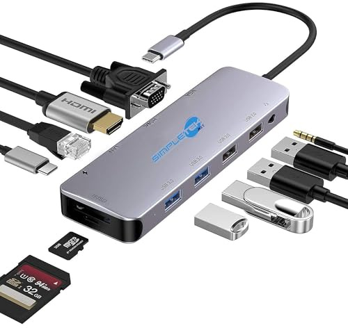 SIMPLETEK - Docking Station Adapter USB Type C SD Card Reader VGA HDMI LAN USB-C USB 3.0 USB 2.0 Audio Jack Hub USB Multifunktional 11 in 1