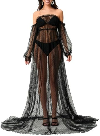 Loalirando Robe de Grossesse Transparente en Mesh à Manches Longues Robe de Maternité Photo Shooting (Noir, M)