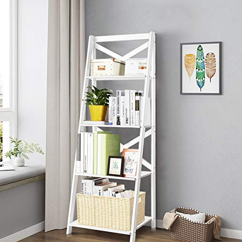 GYMAX Libreria a Scala con 4 Ripiani, Scaffale per Libri Autoportante, Organizzatore Portaoggetti Multifunzione in Legno, per Soggiorno Cucina Bagno Libreria, Bianco, 50 x 46 x 143 cm (1)
