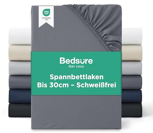 Bedsure Spannbettlaken 140x200cm Bis 30cm - Bettlaken 140 x 200 Boxspringbett, Oeko-TEX Zertifiziert Spannbetttücher, Gebürsteter-Mikrofaser, Atmungsaktiv & Schnelltrocknend, Anthrazit-grau