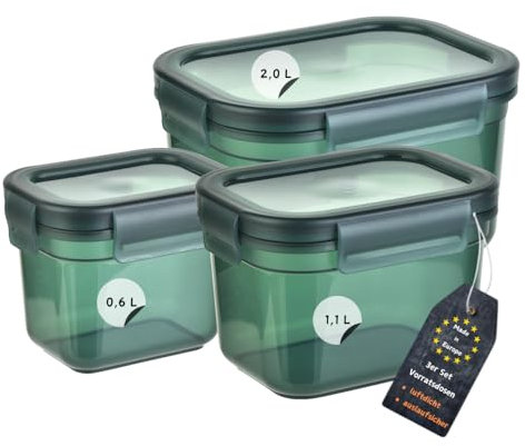 Engelland - 3er Set Aufbewahrungsdosen mit Deckel, luftdicht, auslaufsicher, stapelbar, Vorratsdose, BPA-frei, Kunststoff, verschiedene Größen, 0,6 L / 1,1 L / 2,0 L, transparent-moosgrün