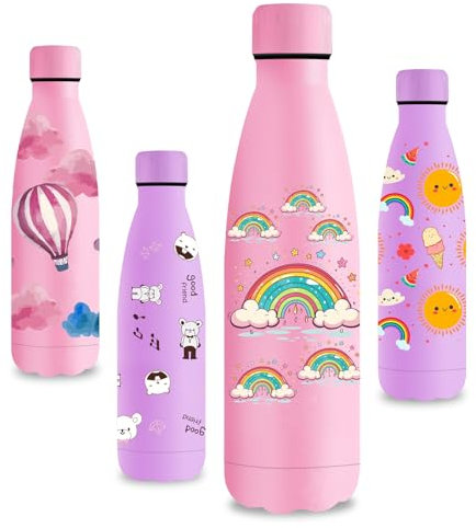 Vikastar Borraccia Termica, 500ml senza BPA, Thermos per Bevande Calde, a Prova di Perdite, Borraccia Bambini, Acciaio Inox per Scuola, Sport, Palestra, Ciclismo, Rosa-Arcobaleno