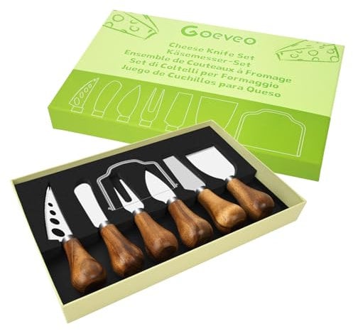 Goeveo 7 Piece Cheese Knives Set, Mini Stainless Steel Cheese Knives with Acacia Wood Knife Handles and Cheese Slicer, Cheese Knives Gift Set for Family Gathering Party Halloween Christmas