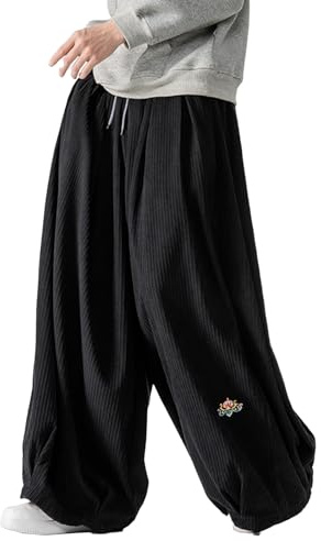 GURUNVANI Pantaloni da uomo in corduroy a vestibilità ampia, baggy, a gamba larga con coulisse, pantaloni da streetwear, nero, M