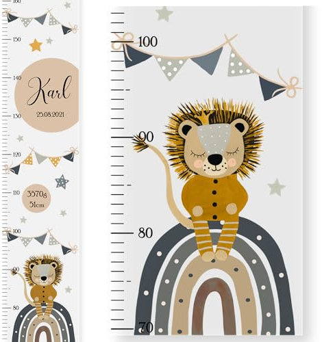 EmiliaLotte Personalisierte Kinder Messlatte Holz mit Wunschname & Daten I Messlatte Kinder 70-160 cm I Montessori Messlatte Kinder Holz in Weiß - Löwe Blau I Messlatten für Kinderzimmer