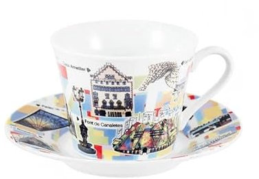 DRW Set de 4 tasses avec soucoupe en porcelaine Barcelone Tasse : 9 x 9 x 10 cm