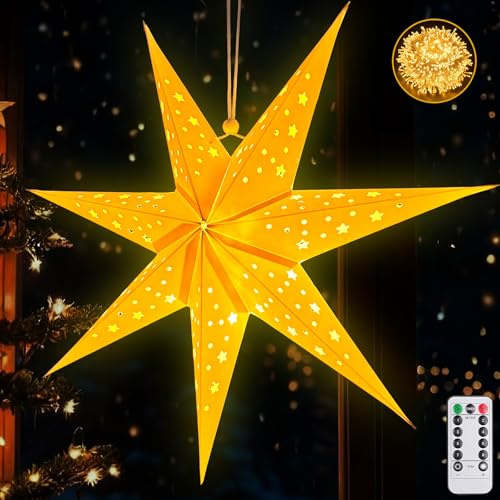 Papierstern Lampenschirm,45cm Papiersterne Zum Aufhängen,Weihnachten mit Timer und 8 Beleuchtungsmodi,Weihnachtsstern Papier,Papierstern Dekoration,Sterne Papier zum Fensterdeko