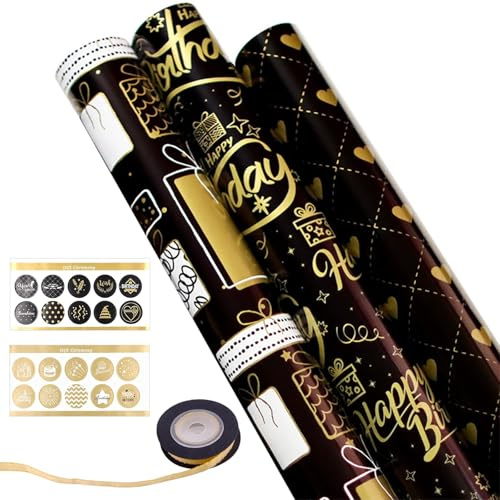 MOLIMOLI Geschenkpapier Schwarz Gold, 6 Blätter 70x50cm, mit Geschenkband & Aufklebern, edles schwarzes für Geburtstag, Weihnachten, Valentinstag, Weltraum-Design