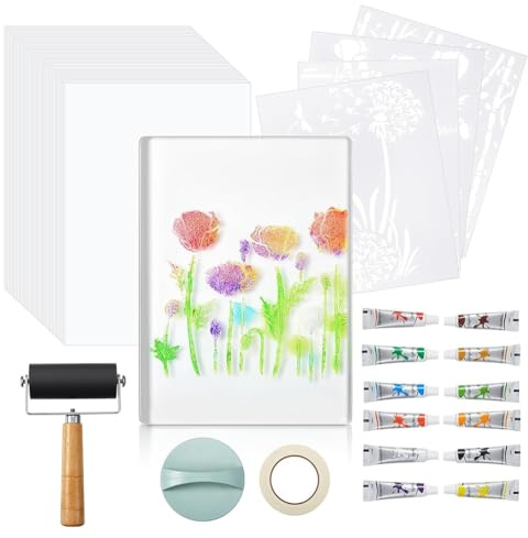 NISHZHU Gel Printing Plate Kit 5x7- Acrylic Paint Included, Papers& Tools for Mixed Media Art, Card Making-for Beginners& Art Classes