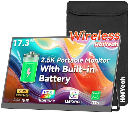 HotYeah 17.3 2.5K Wireless Portable Monitor, Support AirPlay Miracast, 2560×1440P USB-C HDMI External Monitor, 2nd Screen for Laptop MacBook PC Phone Tablet, w/Built-in Battery(3-4H)