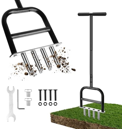 Aeratore per prato manuale in acciaio inossidabile – Core di Prato Scarificatore a 4 denti, Aeratore per Prato per Giardino, Campo Sportivo e Spazi Verdi