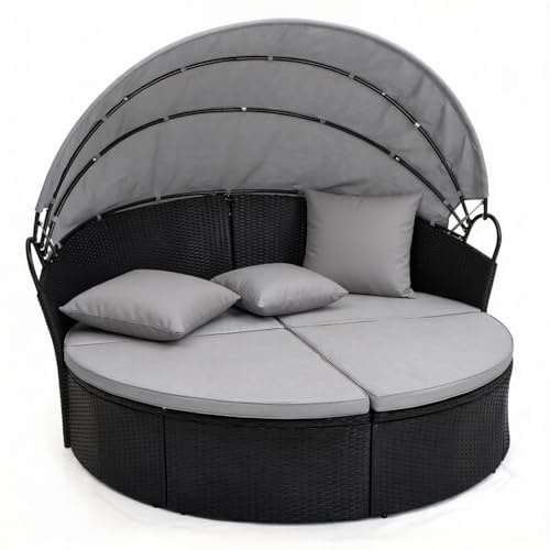LIFEZEAL Sdraio da Giardino Doppia Esterno, Lettino da Sole Rotondo con Tetto, Divano-letto con Cuscino e 3 Cuscini, Portata 360kg, per Piscina, Terrazza, 187x180x157cm (Grigio)