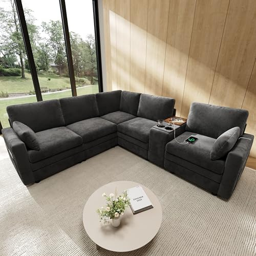 BEJUDYTT Ecksofa 5-Sitzer, Cloud Sofa mit Konsole, U-S-B-Anschlüssen & Getränkehaltern, Wendbare Mittelkonsole mit Stauraum, Modulares L-Form Sofa für Wohn- und Schlafzimmer (Grau)