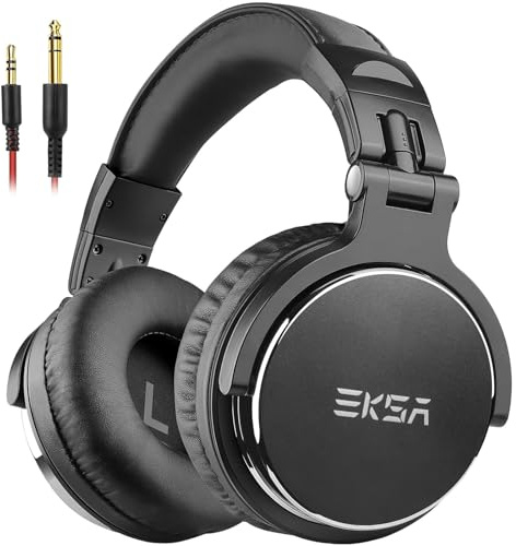 EKSA P100 Auriculares DJ con Cable, para PC AMP Grabación de Podcast Teléfono Piano Guitarra,Estéreo de Mezcla y Monitor de Estudio, 50mm Controladores, 3.5 y 6.35mm Conector de Audio Negro