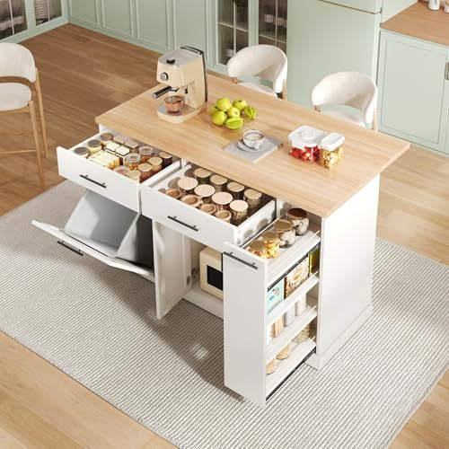 FammyLoft Kücheninsel mit Klappbare Arbeitsplatte(45–70 cm), Küchenschrank mit 4-Stufigem Gewürzregal, Küchenwagen mit Mülleimerhalter(Eimer Nicht enthalten), Küchenkommode für Esszimmer/Küchen