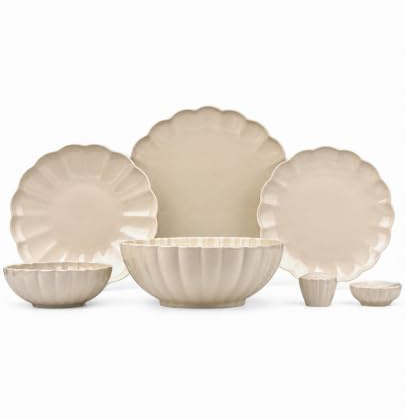 BAVARY Lotus Porzellan Geschirrset 27-teilig für 6 Personen – Creme Beige Tafelservice Kombiservice mit Tellern, Schalen, Servierschale & Salz- & Pfefferstreuer – spülmaschinen- & mikrowellengeeignet