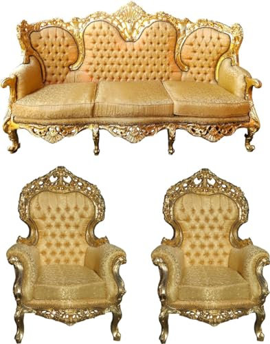 Casa Padrino Barock Wohnzimmer Set Versailles II Gold Muster/Antik Gold - 3er Sofa + 2 Sessel