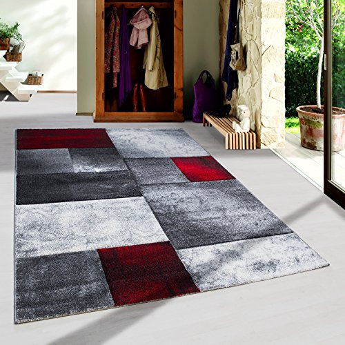 SIMPEX Kurzflor Teppich, Kariert Design, Teppich Rot, 80 x 300 cm, Teppich modernen Stil, Teppich Wohnzimmer