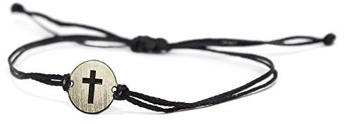 MIZZE Made for Luck Edelstahl Religiöse Charms auf Double Black String verstellbare Armband Männer & Frauen - wasserdicht, Nicht allergische Schmuck (Kreuz)