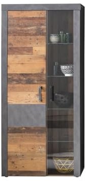 Vitrine Indy Graphit Grau Matera-Old Wood · B 87 x H 189 cm | B 87 x H 189 x T 34 cm · 4 Glasböden · optional mit LED-Beleuchtung · 2 Türen, 4 Glasböden, 3 Einlegeböden