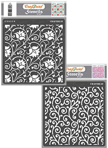 CrafTreat Swirl Art Stencil for Furniture Painting - Arabesque and Swirly Swirls (2 pcs) - Size: 15x15 cms - Swirl Pattern Stencils for Crafts Reusable Vintage - Floral Stencils for Wood
