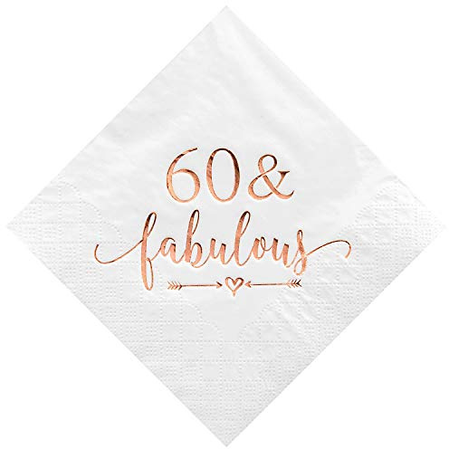 Crisky 60 and Fabulous Cocktail Napkins Rose Gold for Women 60th Birthday Decorations, 60th Birthday Bevergae Dessert Table Supplies, 50Pcs, 3-Ply