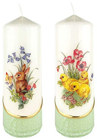 Meissner-Handel Auswahl * 2 Stück Osterkerze Stumpenkerze Osterdeko * 6 x 18 cm * mit farbigen Wachs- und Bildauflagen * Auswahl Motiv + Farbe * grün * (Serie 3 - Set 08/09)